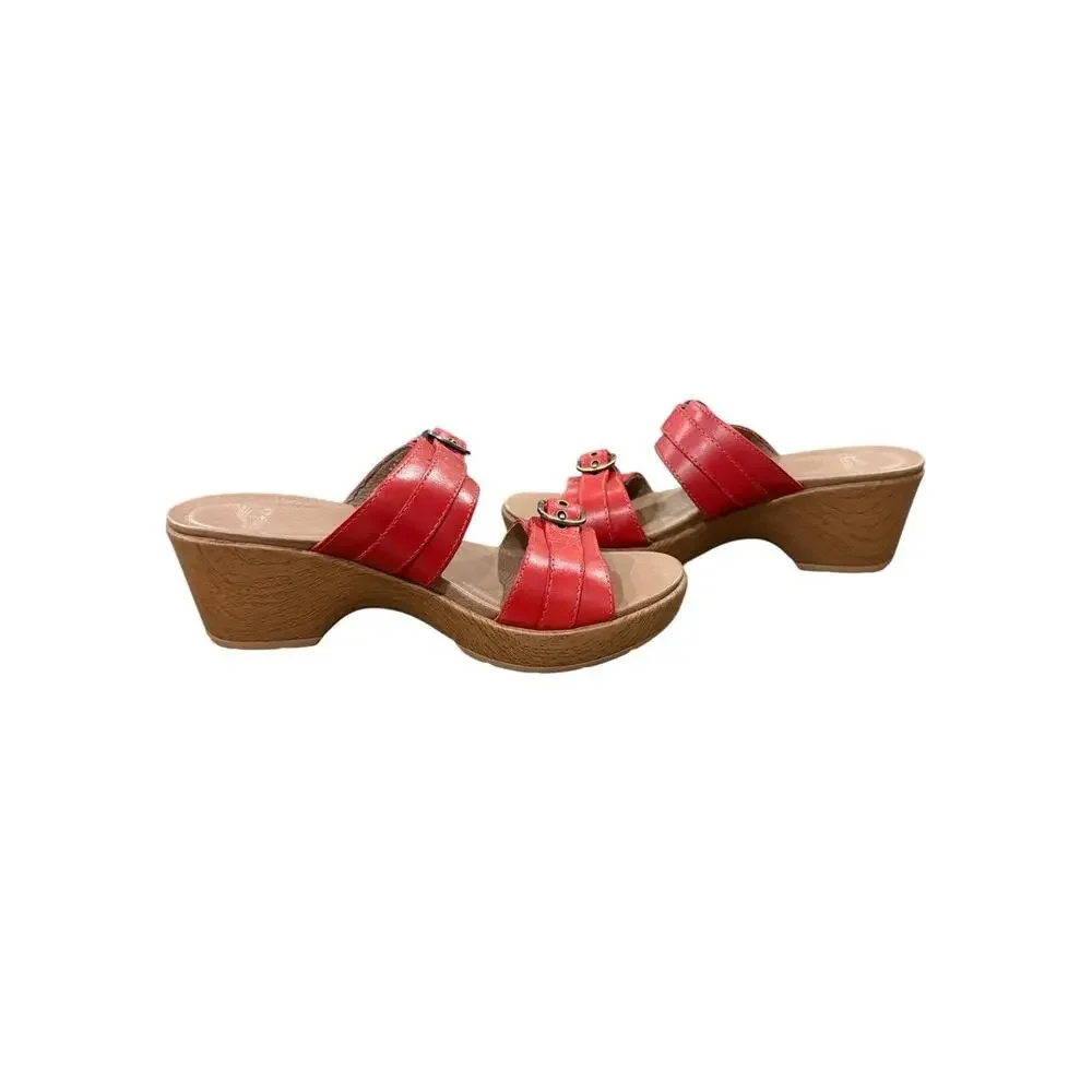 Dansko Jessie Leather Sandals Womens 37 Red Platform Buckle Strap Wedge Heel - Picture 5 of 9